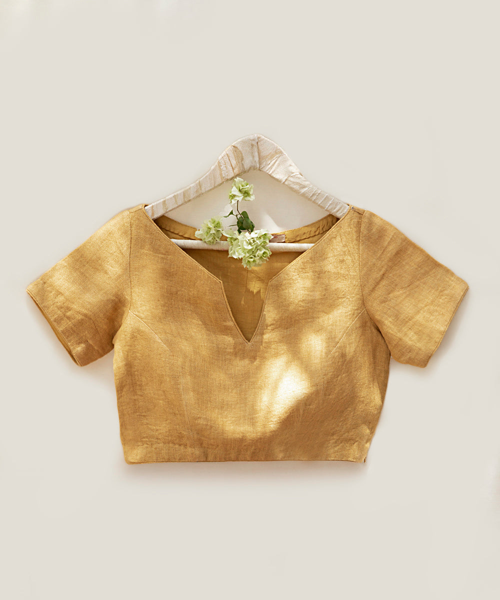 Ochre_Yellow_Pure_Linen_Stitched_Blouse_WeaverStory_01