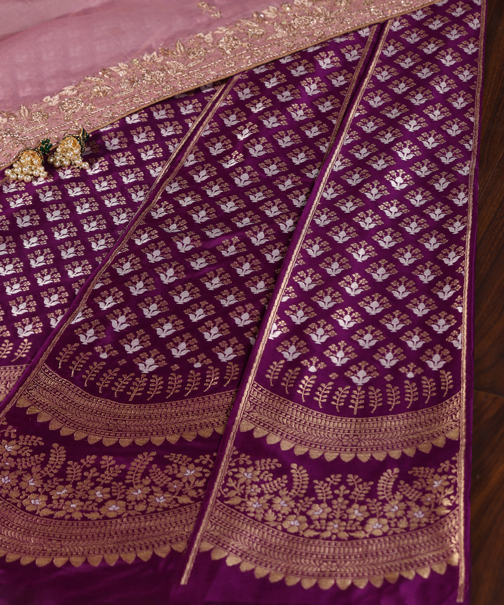 Handloom_Purple_Pure_Katan_Silk_Scalloped_Banarasi_Lehenga_With_Gold_Silver_Mughal_Booti_WeaverStory_01