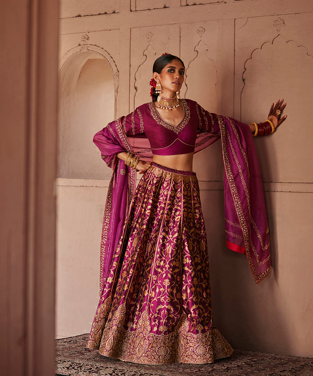 Mulled_Wine_Hand_Embroidered_Zardozi_Banarasi_Kalidar_Lehenga_With_Blouse_And_Dupatta_WeaverStory_01