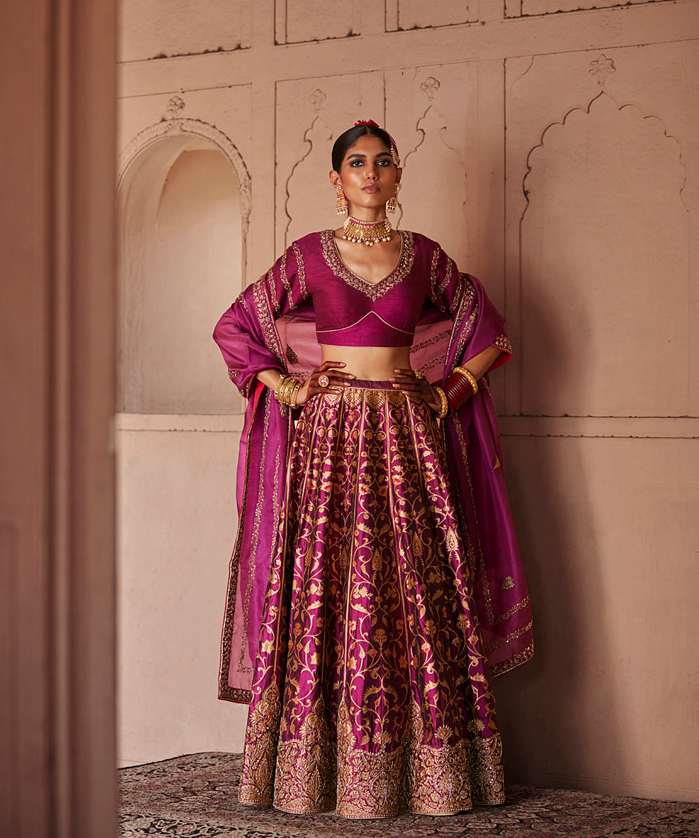 Mulled_Wine_Hand_Embroidered_Zardozi_Banarasi_Kalidar_Lehenga_With_Blouse_And_Dupatta_WeaverStory_02