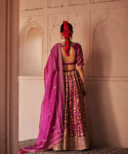 Mulled_Wine_Hand_Embroidered_Zardozi_Banarasi_Kalidar_Lehenga_With_Blouse_And_Dupatta_WeaverStory_04