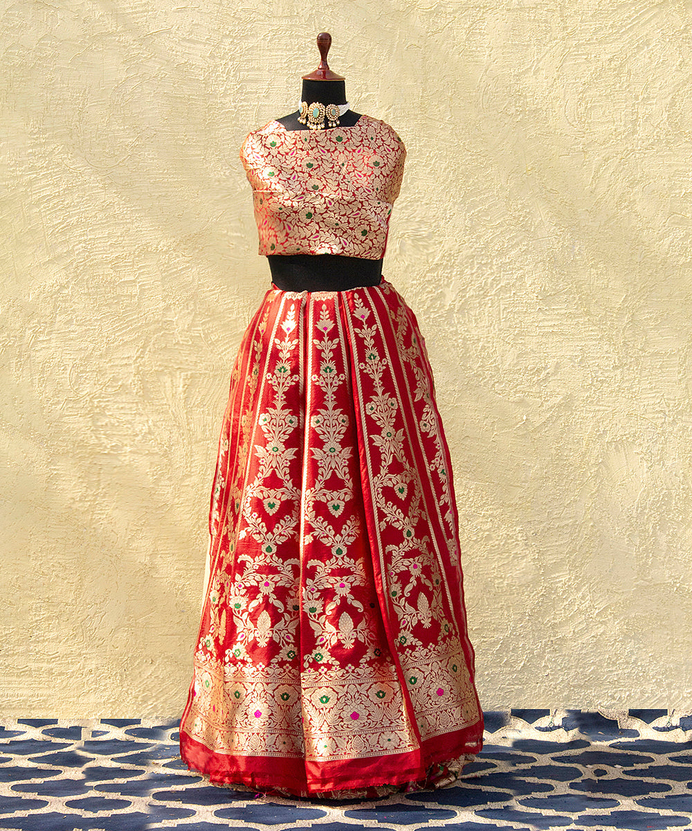 Handloom_Red_Meenakari_Banarasi_Lehenga_With_Heavy_Blouse_And_Border_WeaverStory_01