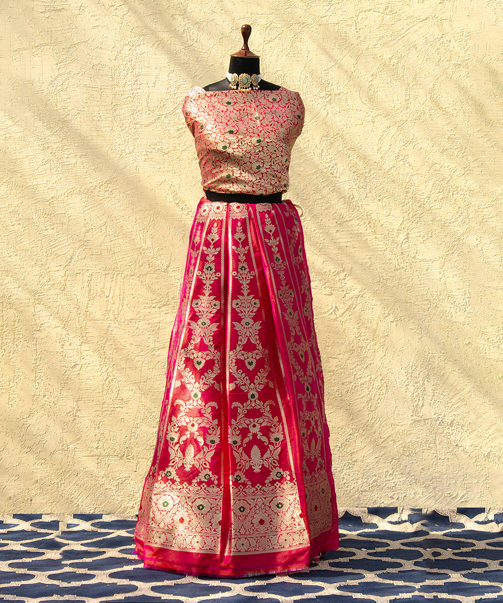 Handloom_Fuchsia_Pink_Meenakari_Banarasi_Lehenga_With_Heavy_Blouse_And_Border_WeaverStory_01