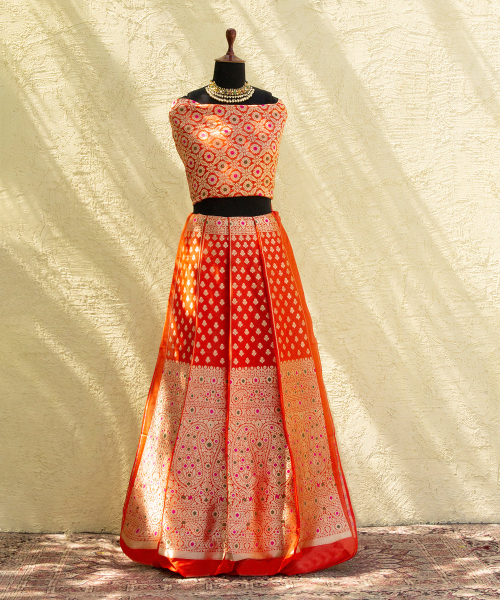 Handloom_Orange_Pure_Katan_Silk_Banarasi_Lehenga_with_Meenakari_Skirt_Border_WeaverStory_01
