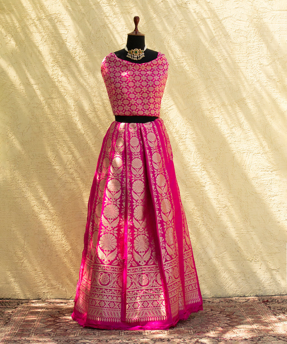 Handloom_Hot_Pink_Pure_Katan_Silk_Banarasi_Lehenga_with_Antique_Zari_Flowers_WeaverStory_01