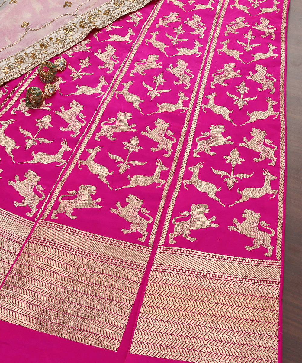 Handloom_Hot_Pink_Kadhwa_Bharatpur_Pure_Katan_Silk_Shikargah_Banarasi_Lehenga_WeaverStory_01