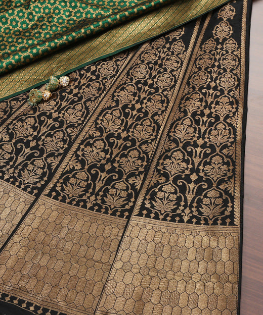 Black Handloom Pure Katan Silk Banarasi Lehenga With Antique Zari