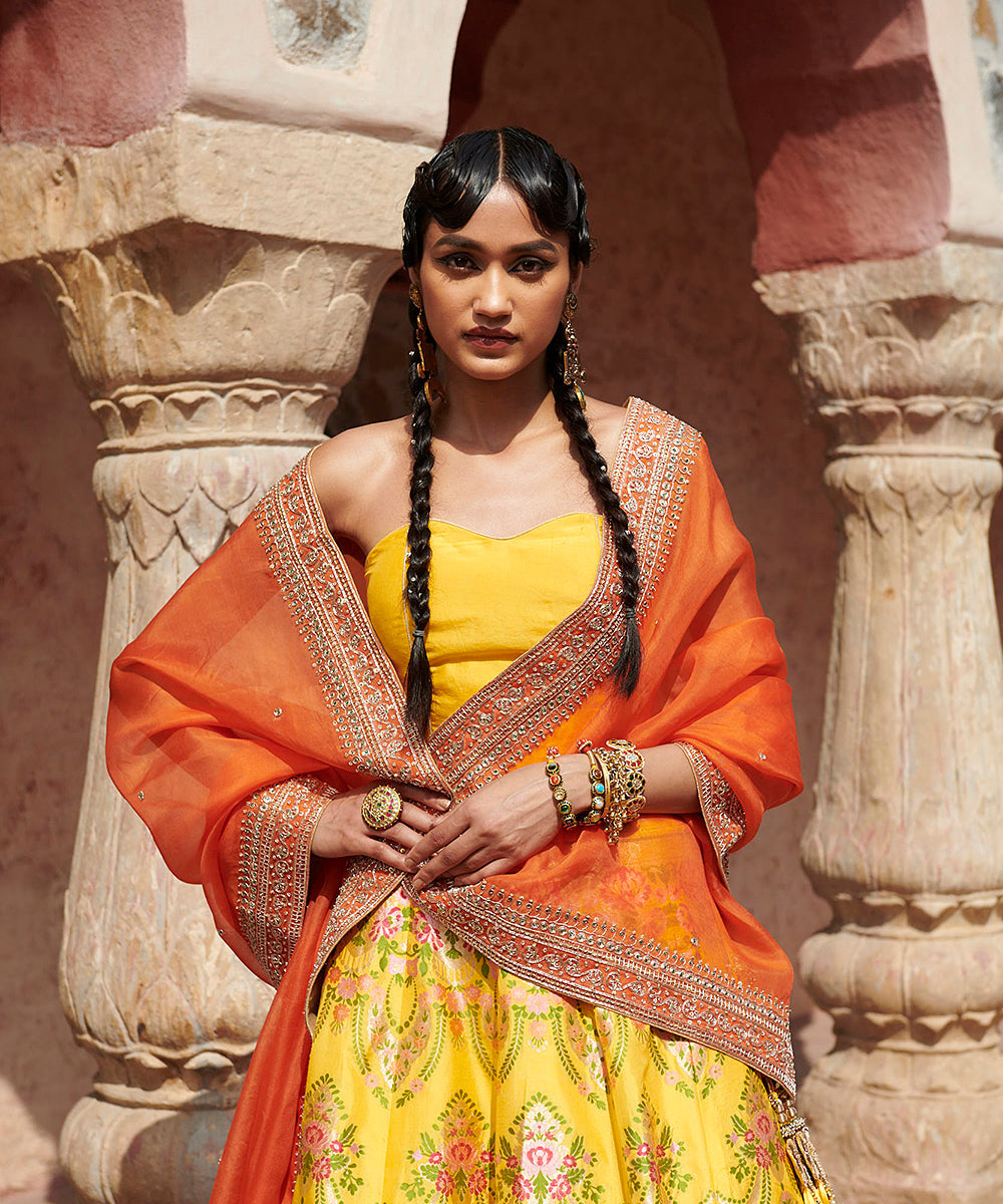 orange lehenga choli in zardoshi and pearl work with net dupatta | Shreeman