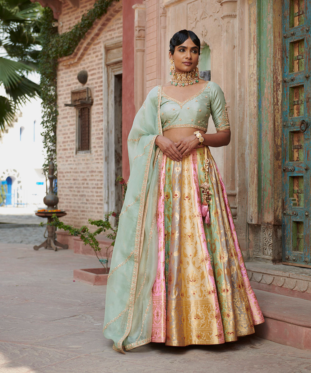 Rangkaat_Handloom_Pure_Katan_Silk_Banarasi_Lehenga_with_Pista_Green_Dupatta_and_Blouse_WeaverStory_01