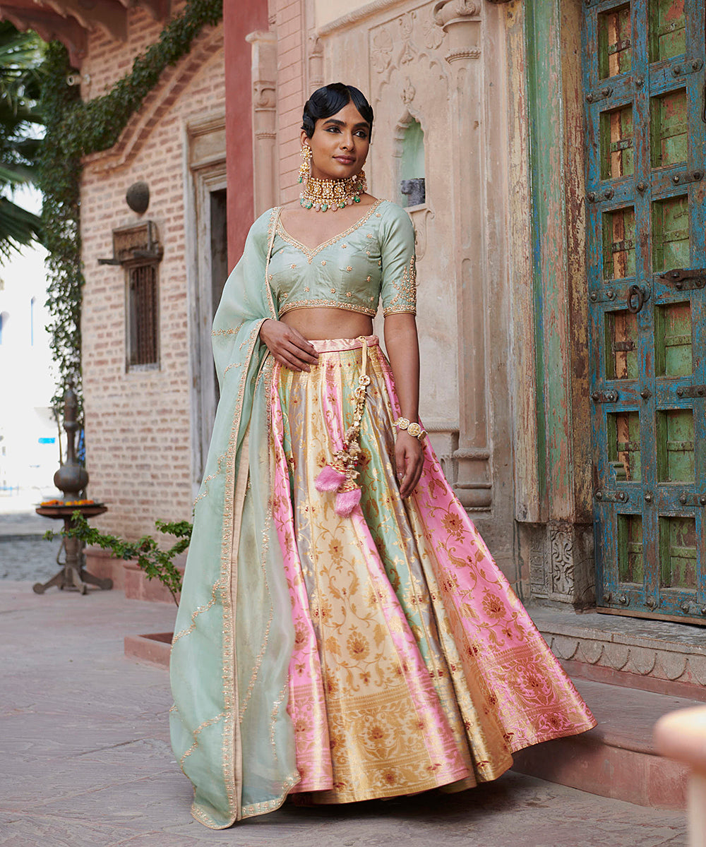 Rangkaat_Handloom_Pure_Katan_Silk_Banarasi_Lehenga_with_Pista_Green_Dupatta_and_Blouse_WeaverStory_02