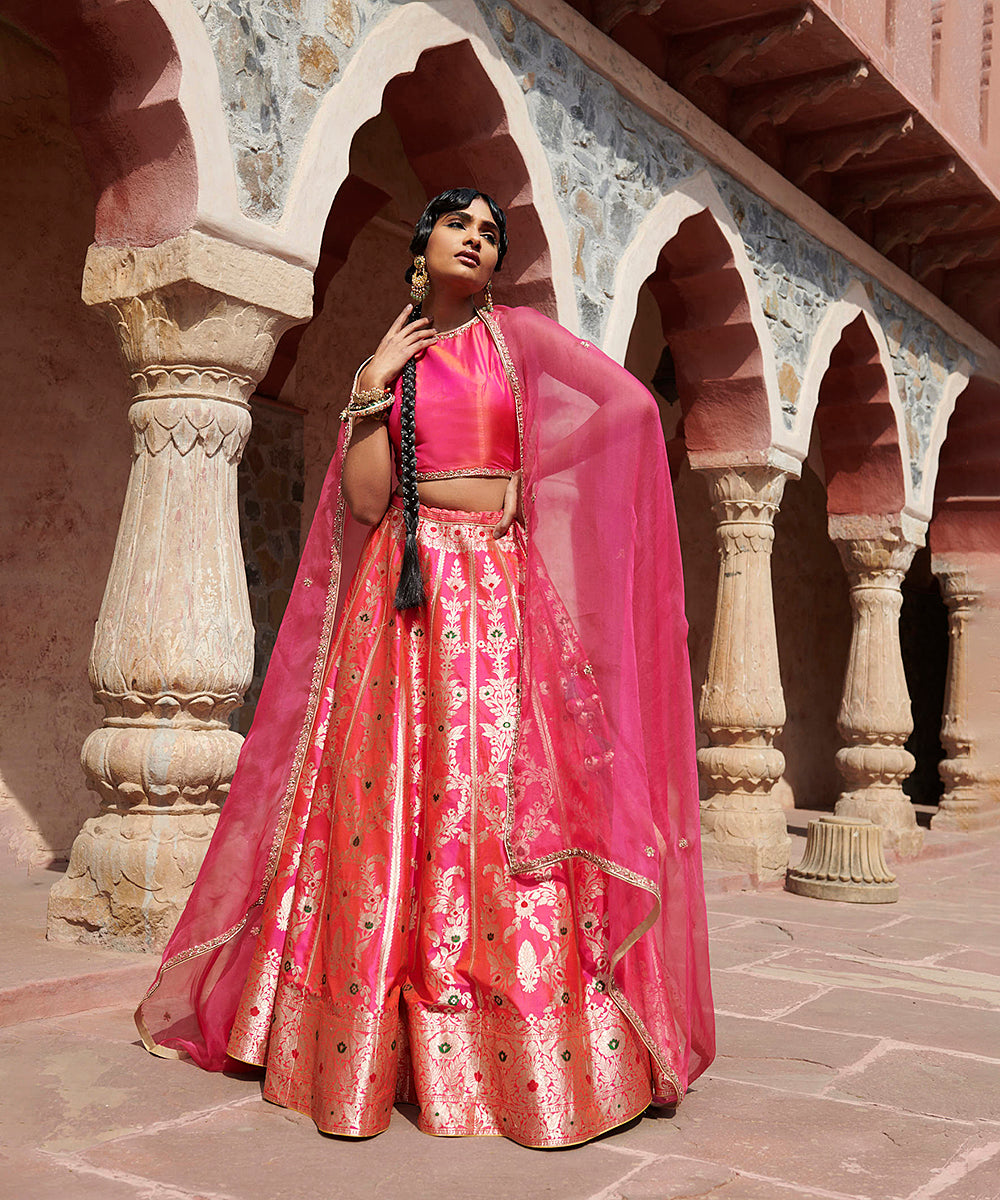 Hot_Pink_Handloom_Pure_Katan_Silk_Banarasi_Meenakari_Lehenga_with_Organza_Dupatta_and_Blouse_WeaverStory_01