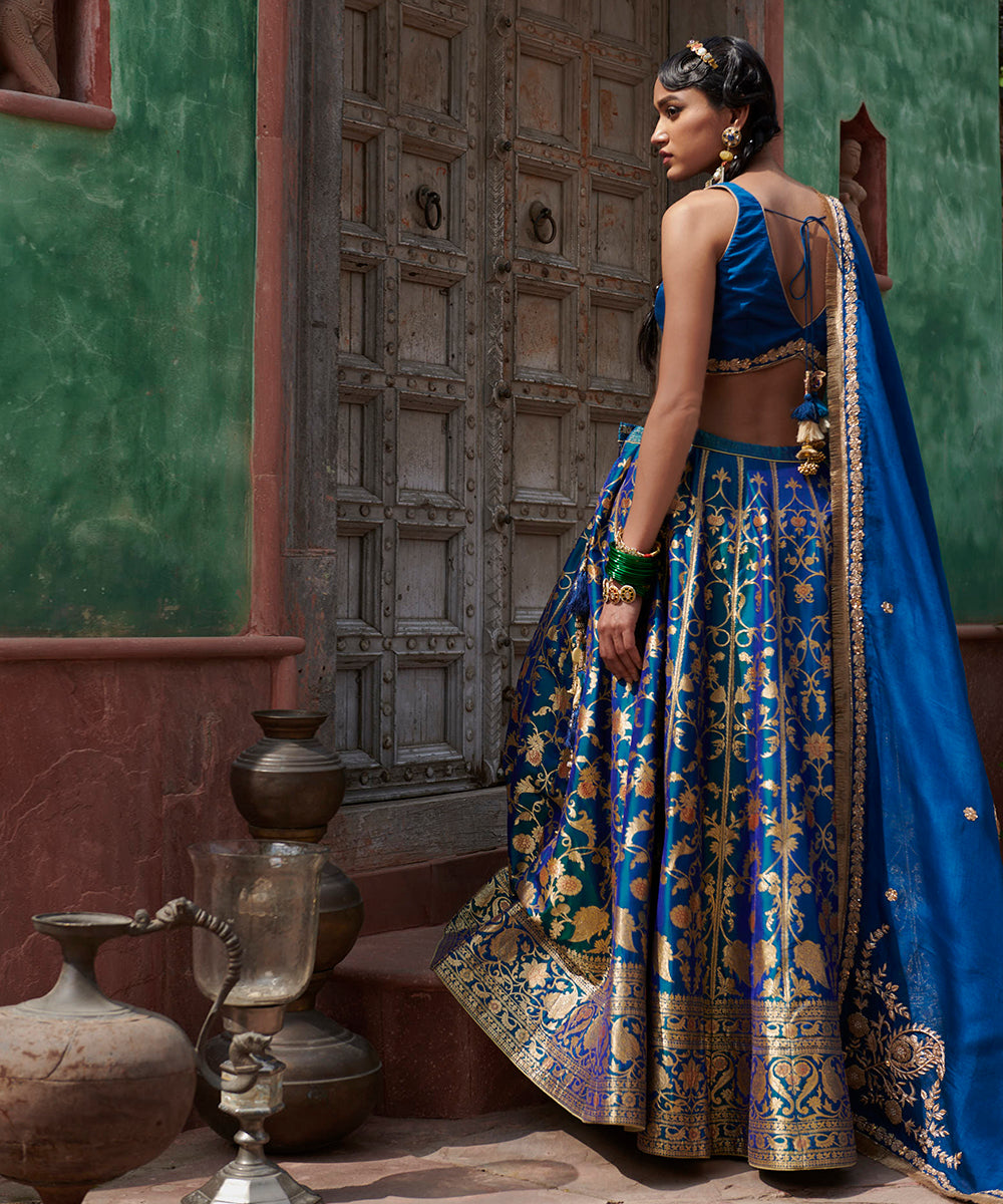 Pure Banarasi Silk Wedding Lehenga in Yellow & Blue With Embroidery and  stone work
