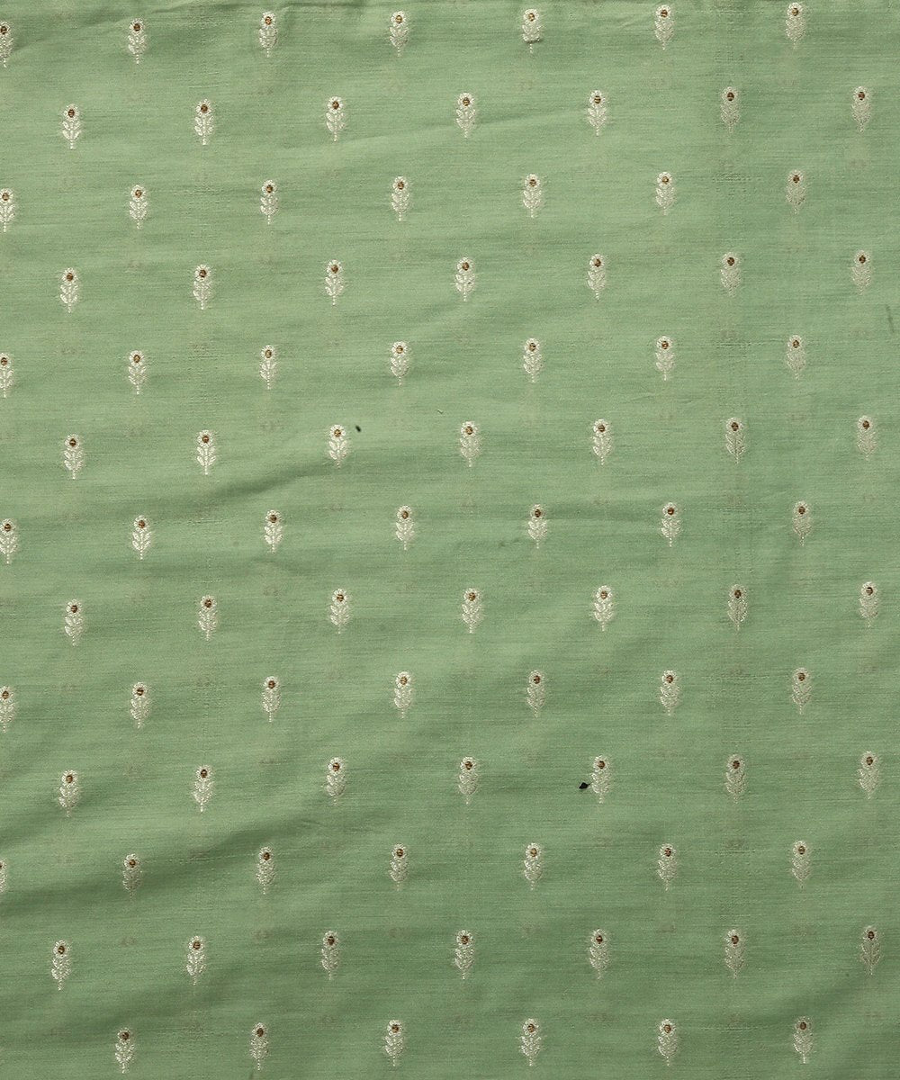 Light_Green_Pure_Mulberry_Silk_Banarasi_Fabric_with_Small_Booti_WeaverStory_02
