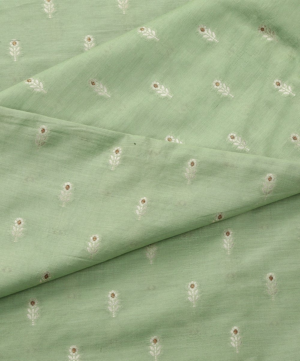 Light_Green_Pure_Mulberry_Silk_Banarasi_Fabric_with_Small_Booti_WeaverStory_04