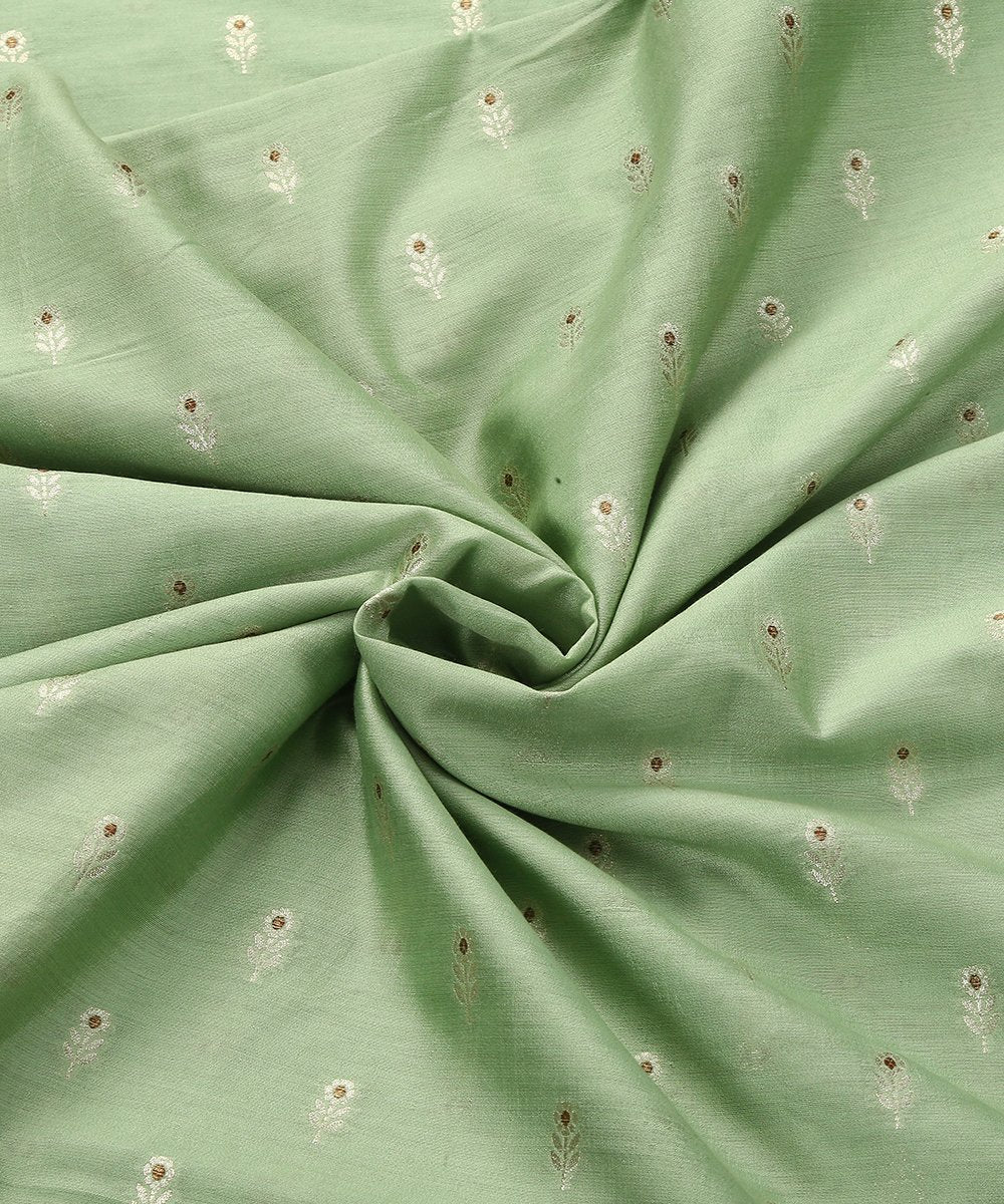Light_Green_Pure_Mulberry_Silk_Banarasi_Fabric_with_Small_Booti_WeaverStory_05