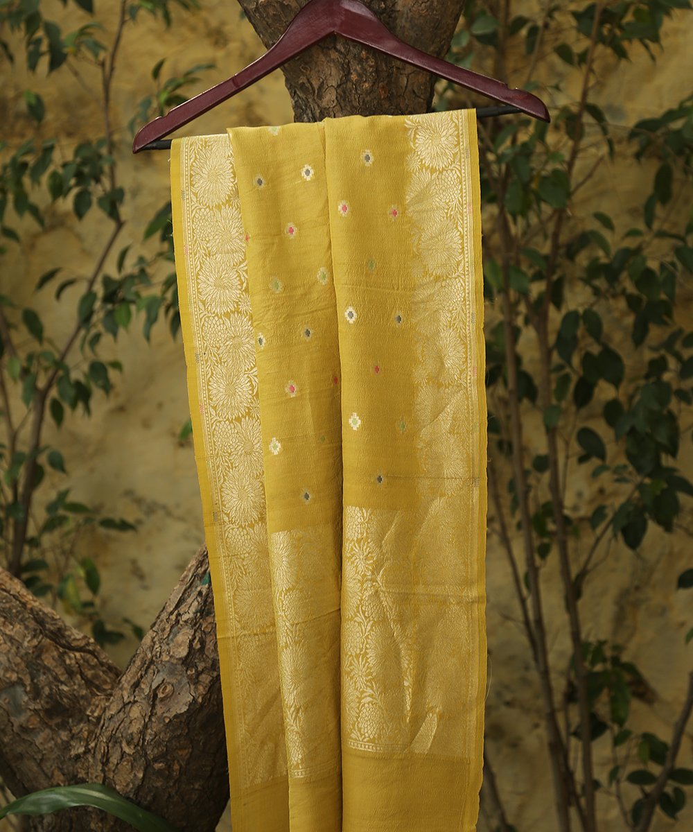 Lime_Green_Handloom_Tusser_Silk_Banarasi_Dupatta_with_Meenakari_Booti_WeaverStory_01