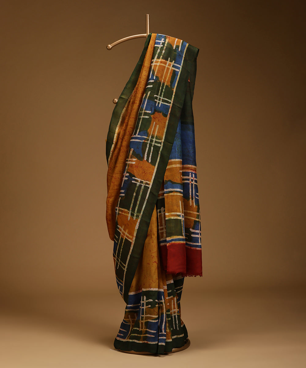 Handloom_Mustard_and_Blue_Maroon_Hand_Batik_Mulberry_Silk_Saree_WeaverStory_01