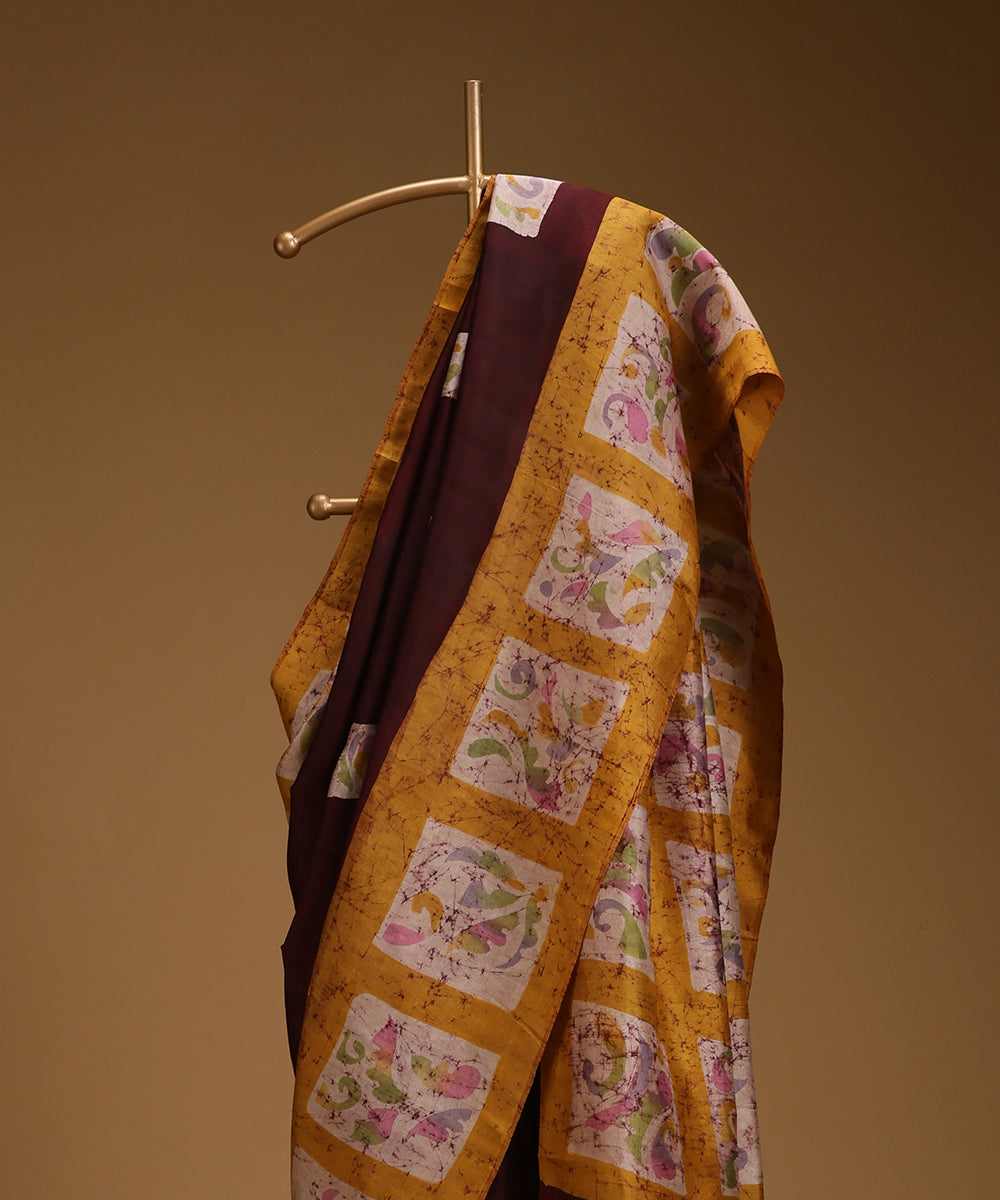Handloom_Dark_Brown_Hand_Batik_Mulberry_Silk_Saree_with_Mustard_Floral_Border_WeaverStory_02