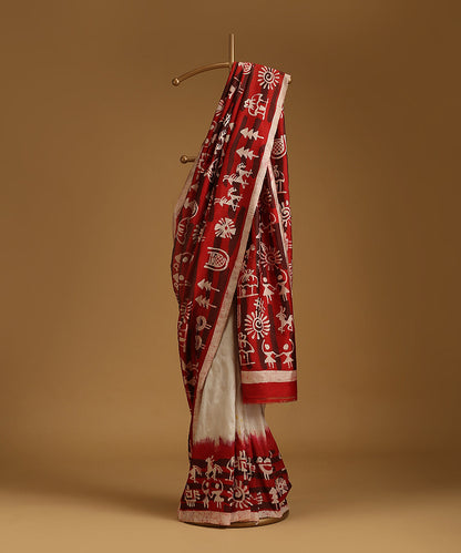Offwhite_And_Red_Handloom_Pure_Mulberry_Silk_Hand_Batik_Saree_With_Tribal_Motifs_WeaverStory_01