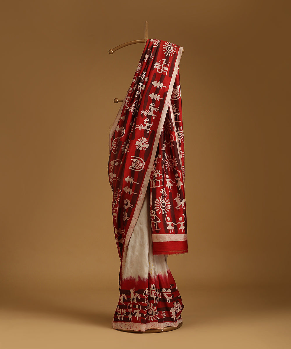 Offwhite_And_Red_Handloom_Pure_Mulberry_Silk_Hand_Batik_Saree_With_Tribal_Motifs_WeaverStory_01
