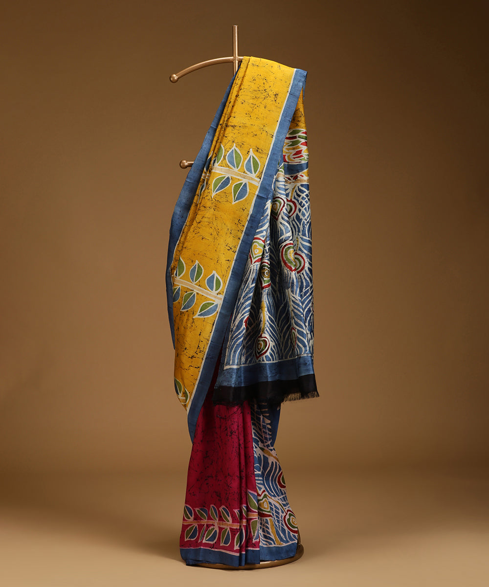 Handloom_Mustard_and_Rani_Pink_Hand_Batik_Mulberry_Silk_Saree_WeaverStory_01