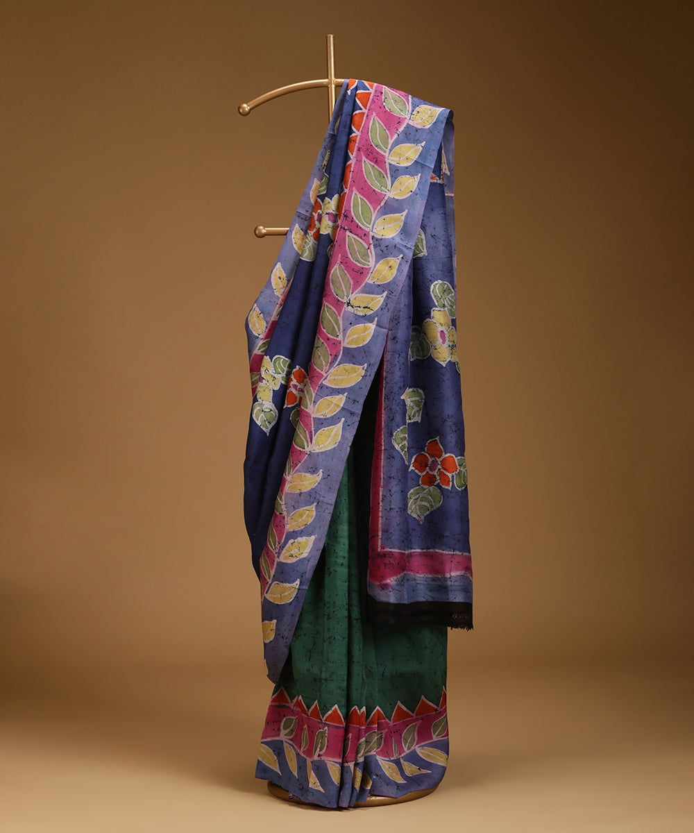 Handloom_Blue_Green_Hand_Batik_Mulberry_Silk_With_Floral_Motif_Saree_WeaverStory_01