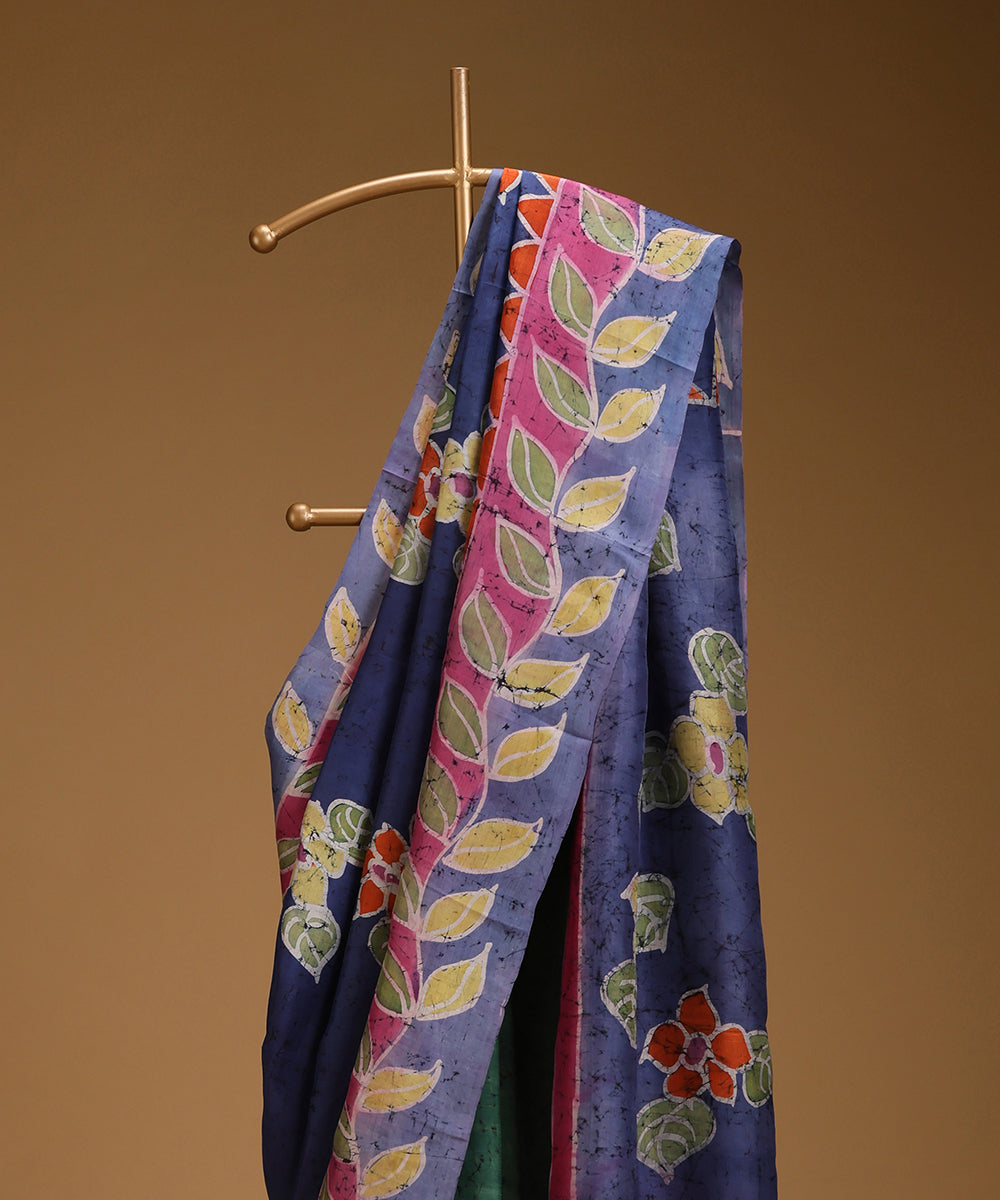 Handloom_Blue_Green_Hand_Batik_Mulberry_Silk_With_Floral_Motif_Saree_WeaverStory_02