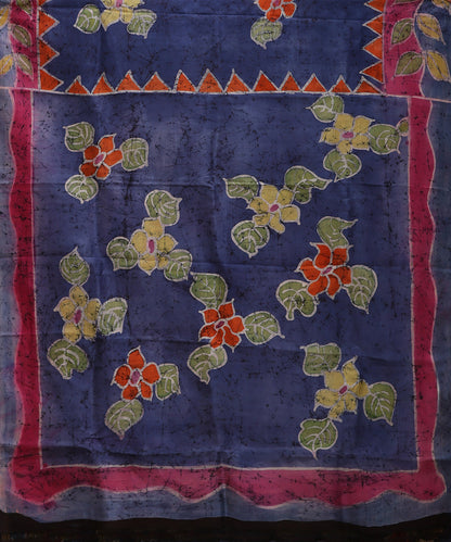Handloom_Blue_Green_Hand_Batik_Mulberry_Silk_With_Floral_Motif_Saree_WeaverStory_05