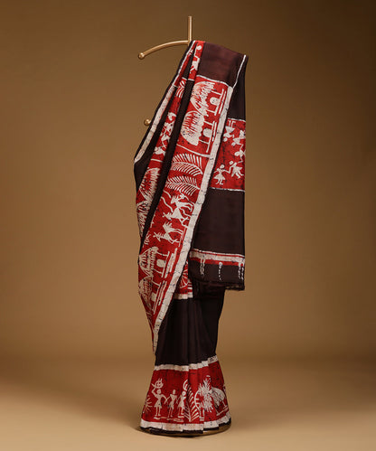 Handloom_Red_and_Brown_Hand_Batik_Mulberry_Silk_Saree_With_Tribal_Motifs_on_Border_WeaverStory_01