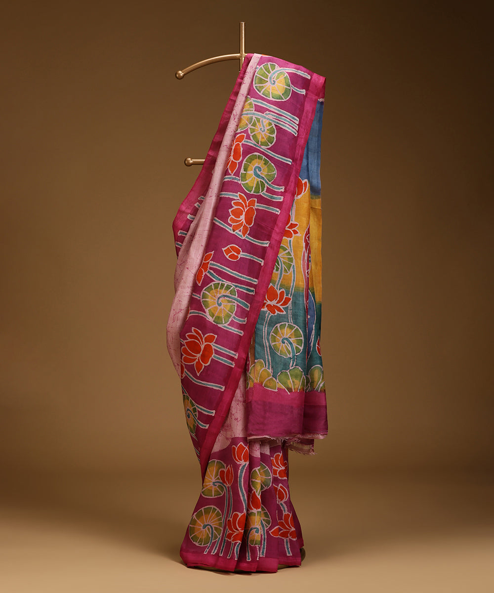 Handloom_Fuchsia_Pink_Hand_Batik_Mulberry_Silk_With_Lotus_Motifs_WeaverStory_01