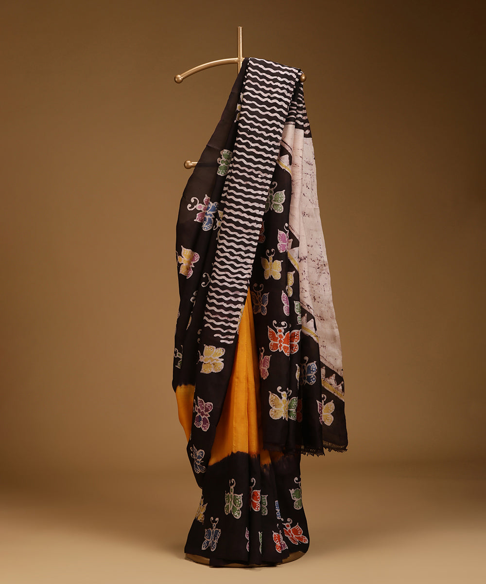 Handloom_Dark_Brown_and_Mustard_Hand_Batik_Mulberry_Silk_With_Butterfly_Motifs_WeaverStory_01