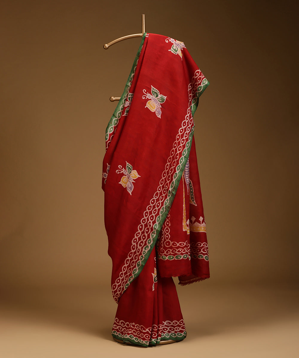 Handloom_Red_and_Yellow_Hand_Batik_Mulberry_Silk_Saree_with_Butterfly_Motifs_WeaverStory_01