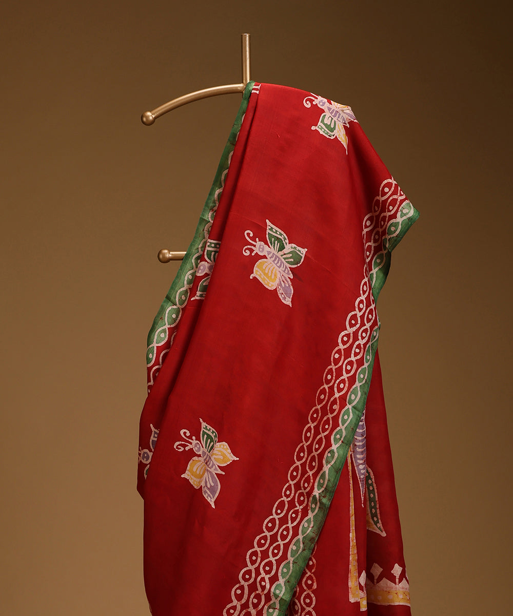 Handloom_Red_and_Yellow_Hand_Batik_Mulberry_Silk_Saree_with_Butterfly_Motifs_WeaverStory_02
