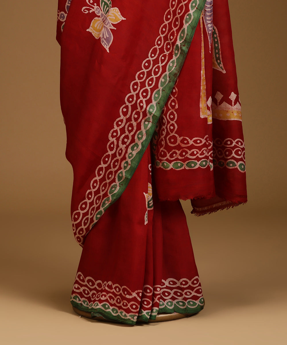 Handloom_Red_and_Yellow_Hand_Batik_Mulberry_Silk_Saree_with_Butterfly_Motifs_WeaverStory_03