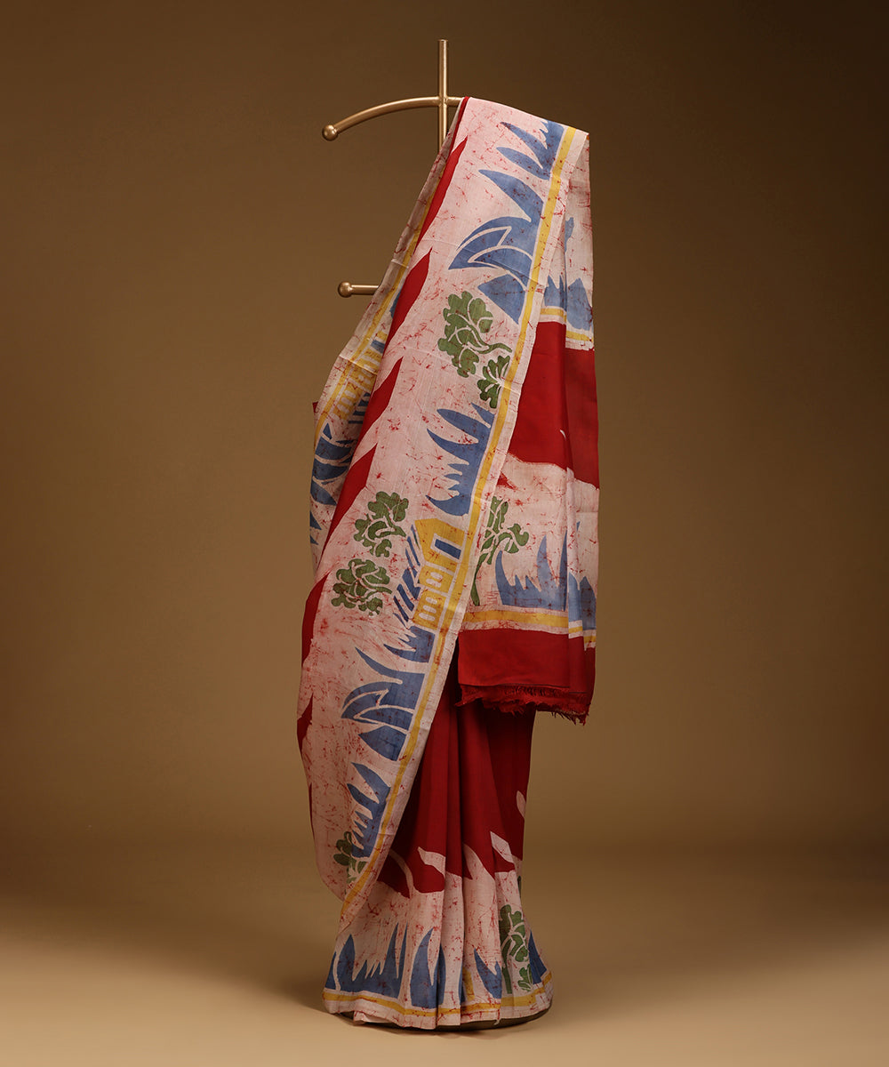 Handloom_Red_Hand_Batik_Mulberry_Silk_Saree_with_Border_WeaverStory_01