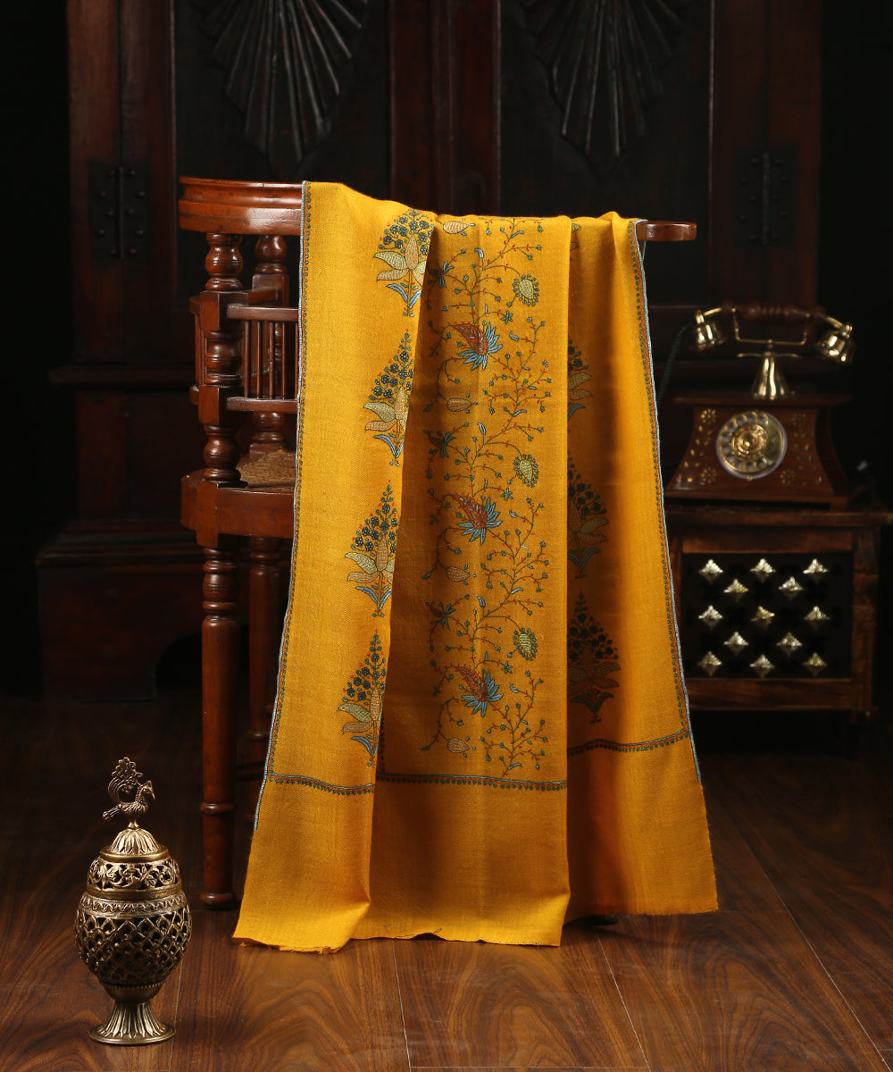 Yellow_Handwoven_Pure_Pashmina_Stole_with_Paper_Mache_and_Sozni_Embroidery_WeaverStory_01
