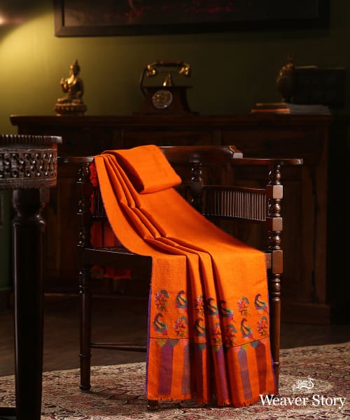 Orange Handwoven Pure Pashmina Ladies Shawl With Kani Work Shawls
