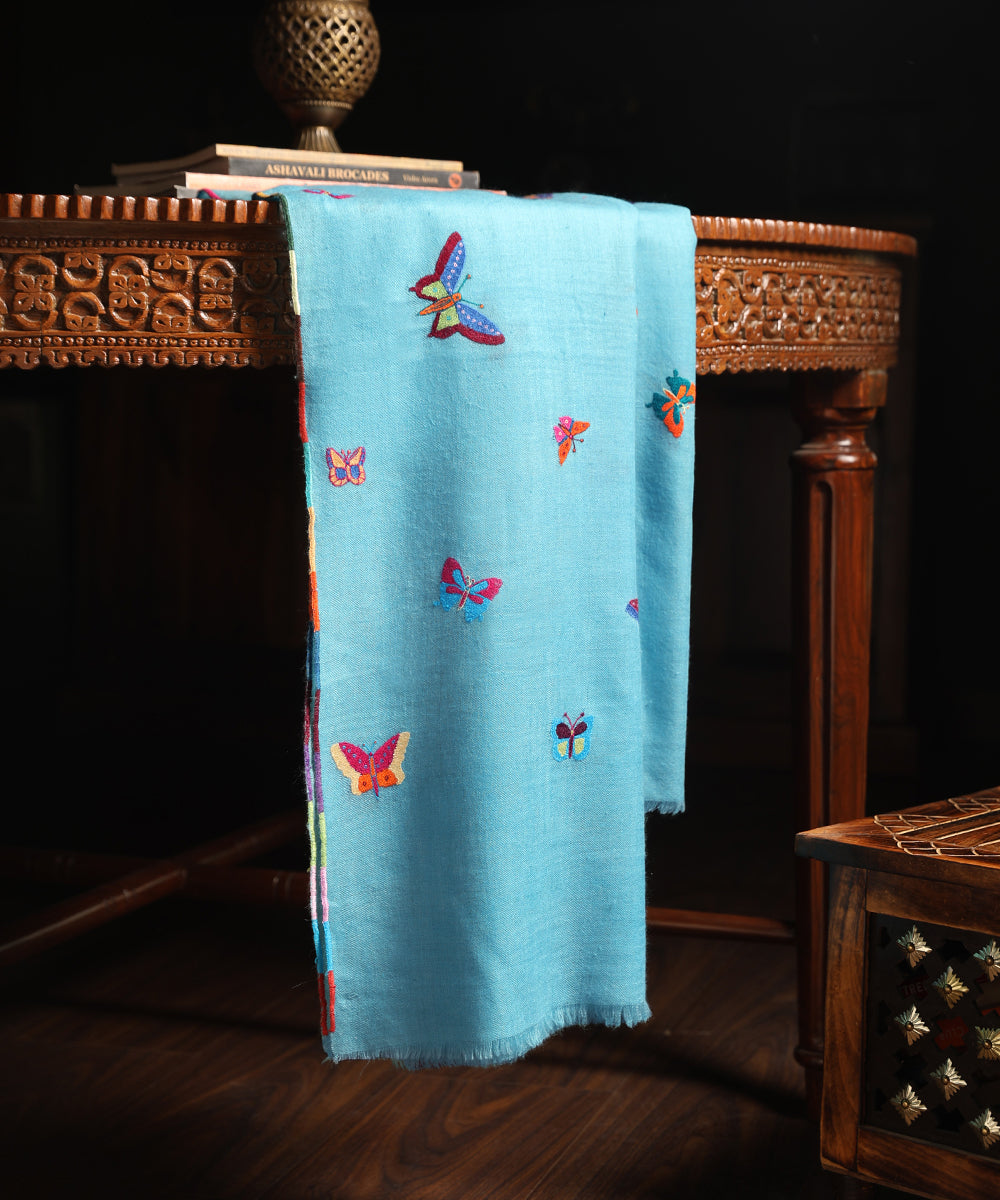 Handwoven_Sky_Blue_Pure_Pashmina_Shawls_Butterfly_With_Paper_Mache_Work_WeaverStory_01