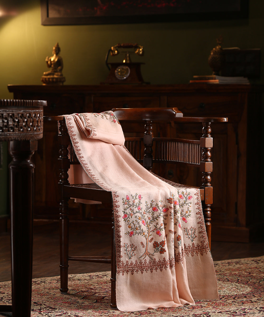 Handwoven Light Peach Pure Pashmina Shawl With Pomegranate Paper Mache Work Shawls