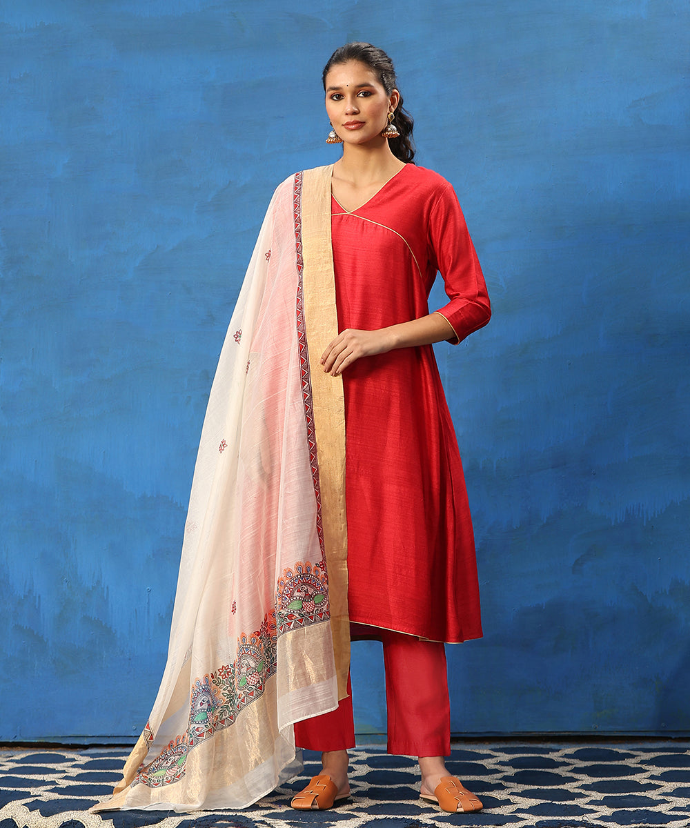 Red_Handloom_Pure_Cotton_Chanderi_Kurta_Set_With_Madhubani_Hand_Painted_Dupatta_WeaverStory_01