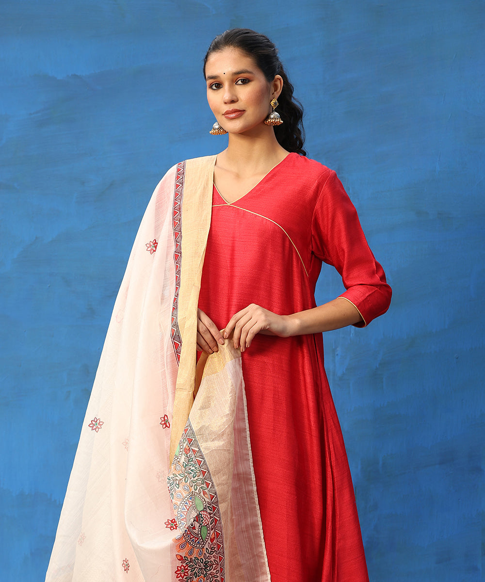Red_Handloom_Pure_Cotton_Chanderi_Kurta_Set_With_Madhubani_Hand_Painted_Dupatta_WeaverStory_02