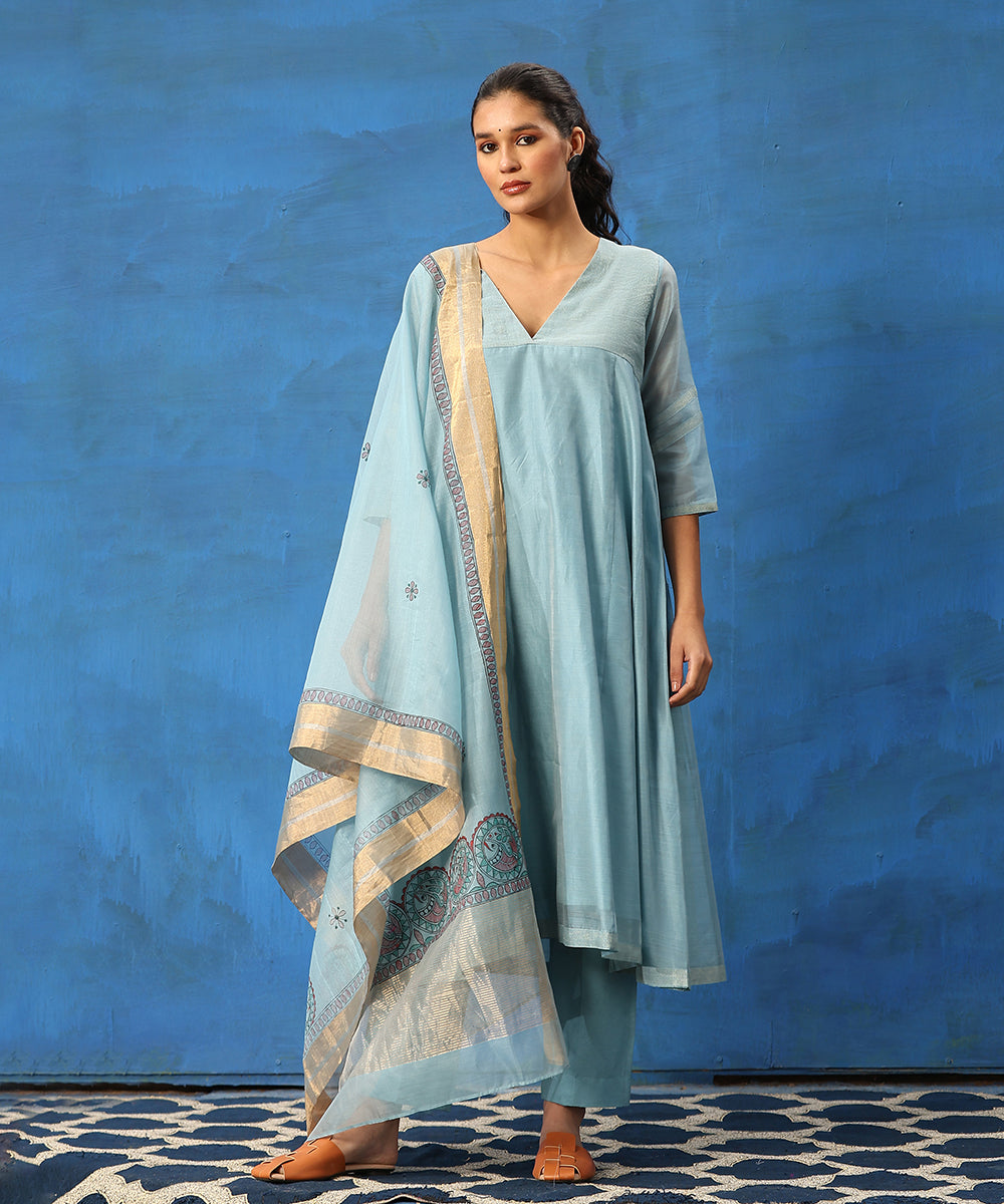 Light_Blue_Handloom_Pure_Chanderi_Kurta_Set_With_Hand_Painted_Madhubani_Dupatta_WeaverStory_01