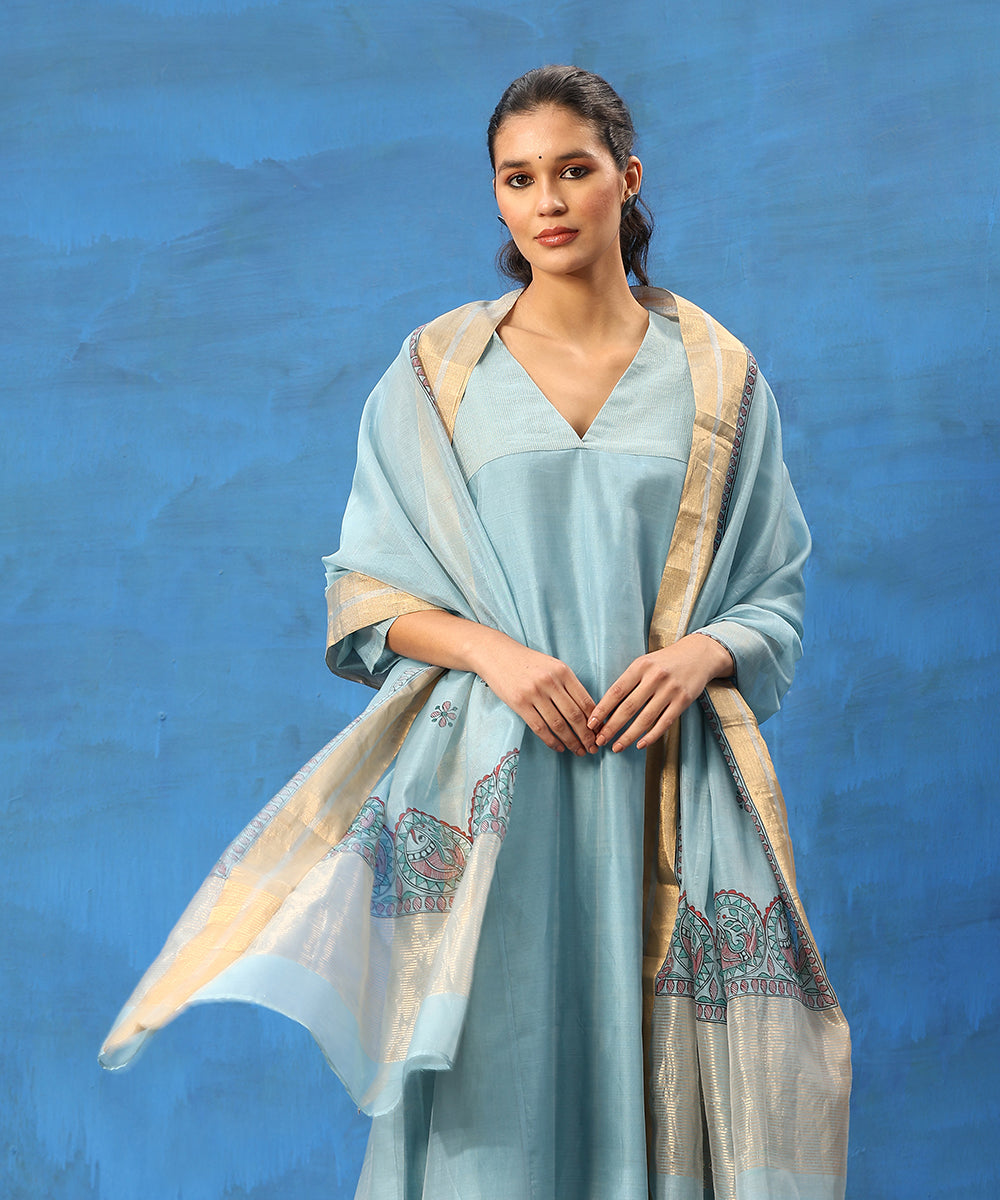 Light_Blue_Handloom_Pure_Chanderi_Kurta_Set_With_Hand_Painted_Madhubani_Dupatta_WeaverStory_02