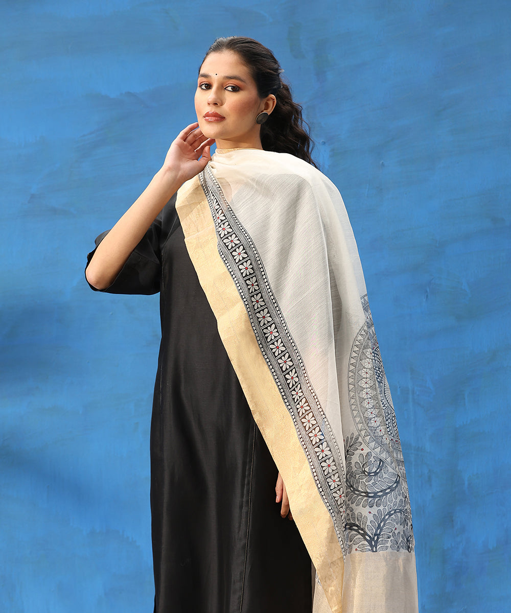 Black_Handloom_Pure_Chanderi_Kurta_Set_With_Hand_Painted_Madhubani_Dupatta_WeaverStory_02