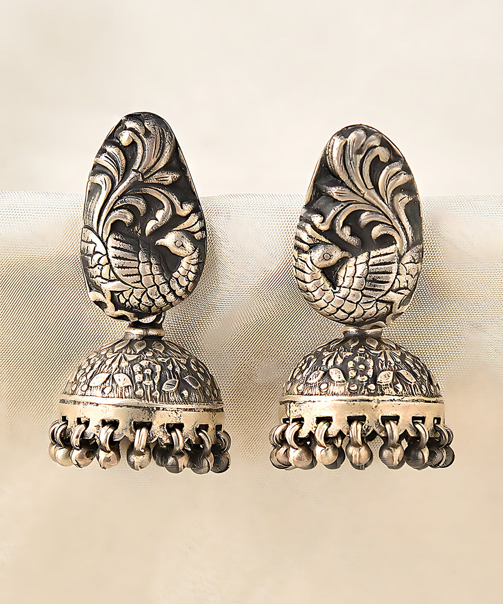 Keya_Handcrafted_Pure_Silver_Jhumki_With_Peacock_Motif_WeaverStory_01