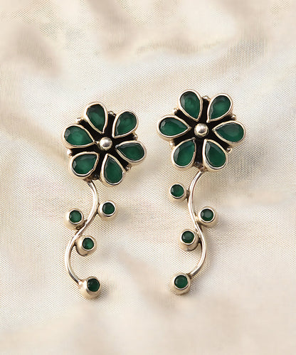 Resha_Handcrafted_Pure_Silver_Earrings_With_Green_Flowers_Design_WeaverStory_01