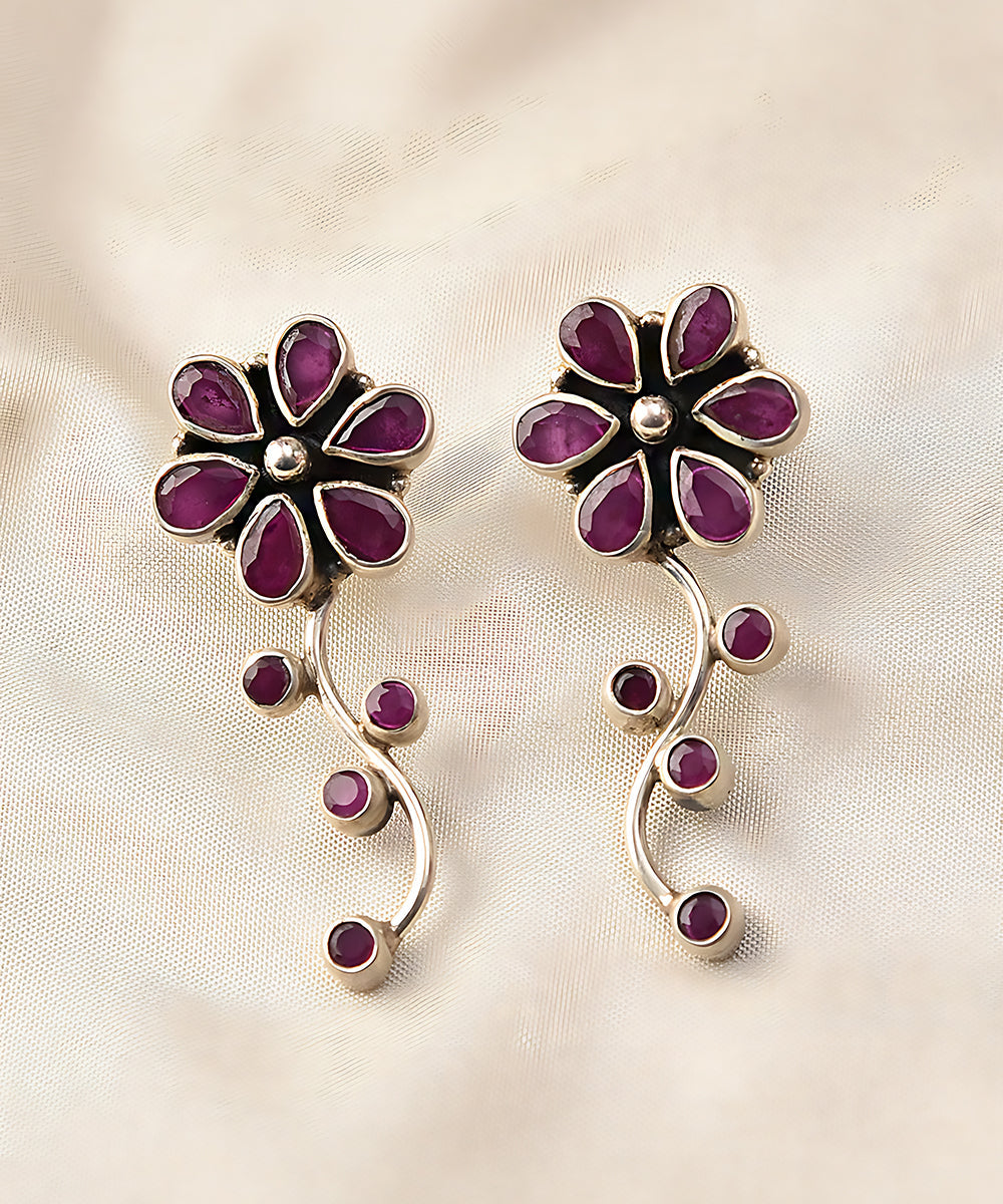 Prithibi_Handcrafted_Pure_Silver_Earrings_With_Pink_Flower_Motif_WeaverStory_01