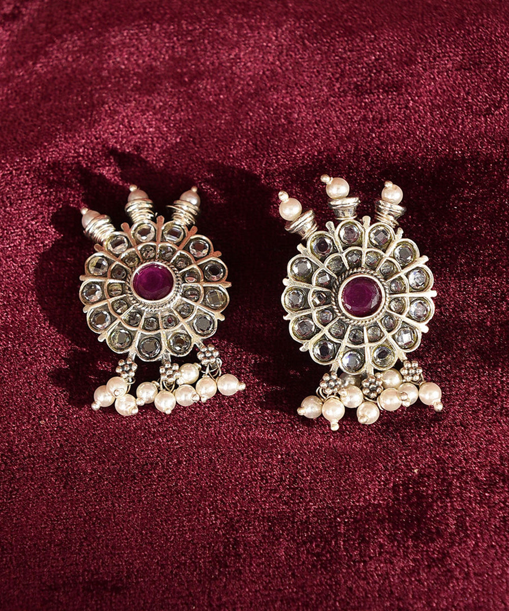 Ojeeta_Handcrafted_Pure_Silver_Earrings_With_Ruby_And_Pearls_WeaverStory_02
