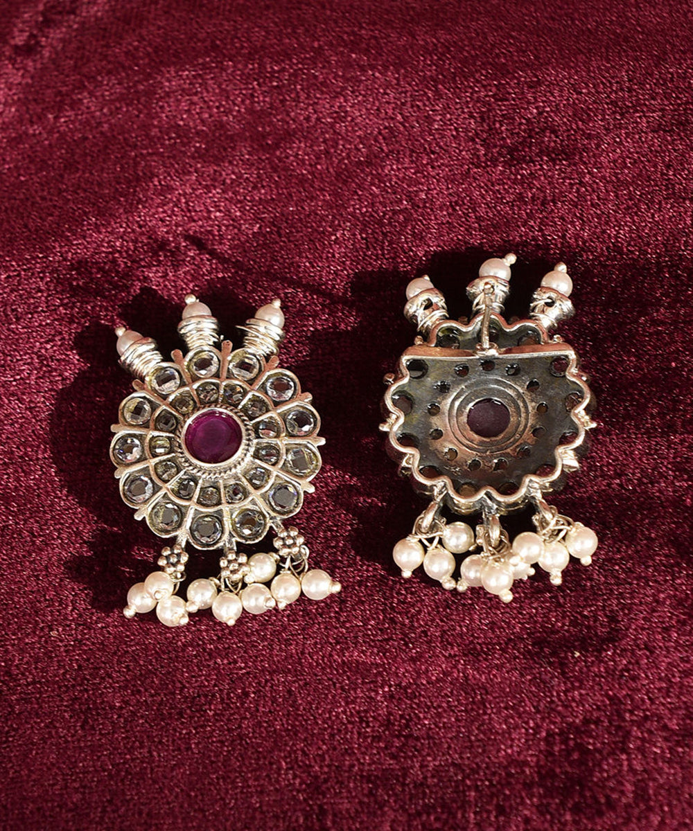 Ojeeta_Handcrafted_Pure_Silver_Earrings_With_Ruby_And_Pearls_WeaverStory_03