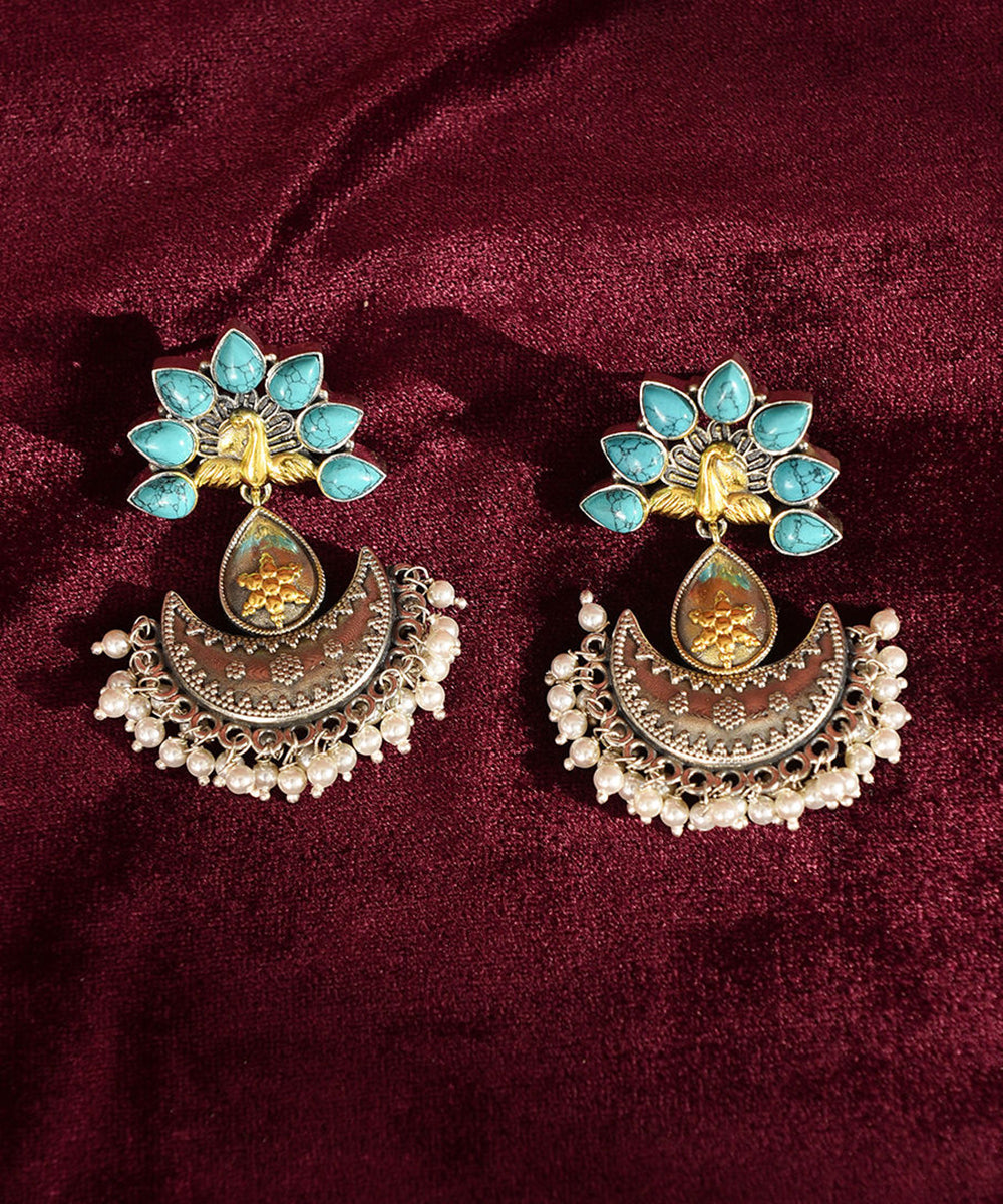 Ongkar_Turquoise_Handcrafted_Pure_Silver_Earrings_With_Pearls_WeaverStory_02
